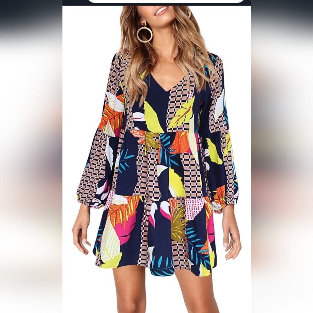 Colorful Geometric Print Dress  Womens Tunic Dress Long Sleeve V Neck Size Large